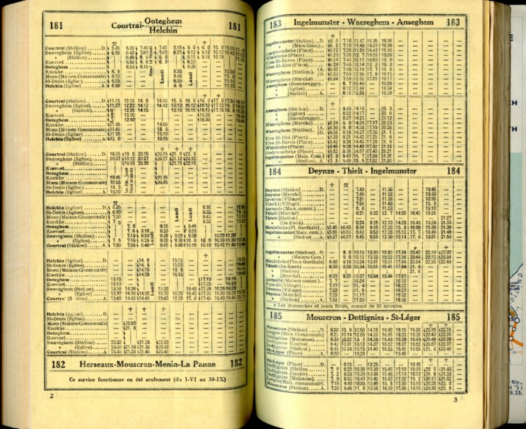 Lignes 181 - 182 - 183 - 184 - 185 (Autobus - Horaires SNCB 1937)